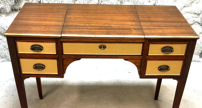 Refinished Desk, Plano, stained mahogany, gold Refinished Desk, Plano, stained mahogany, gold